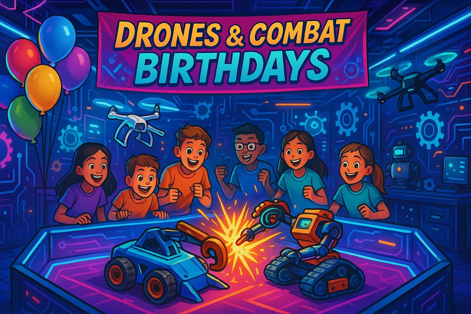 Cartoon birthday celebration with children, flying drones and battling robots beneath a Drones & Combat Birthdays banner
