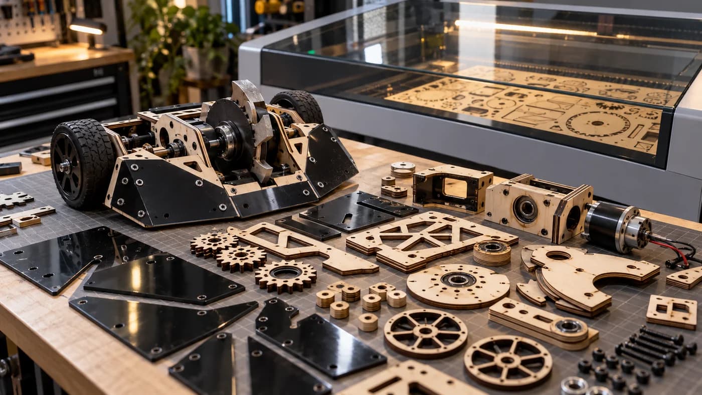 A combat robot and an array of cut panels, gears and components beside a laser cutter