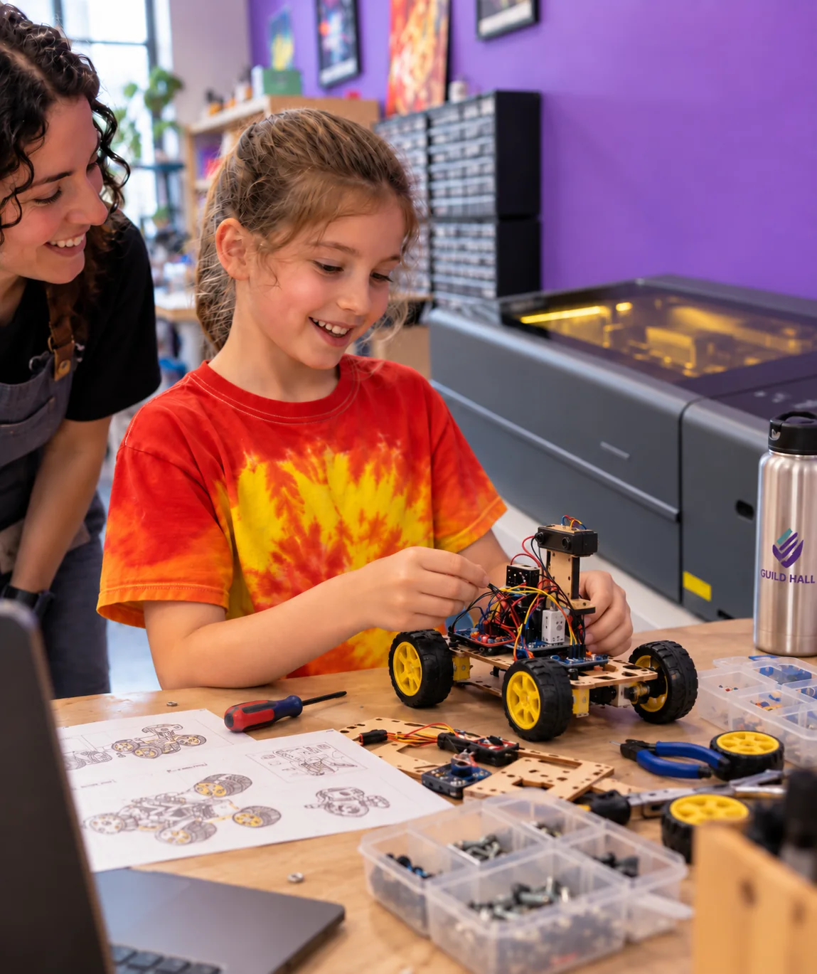 A smiling young maker assembling a wheeled robot with a mentor nearby