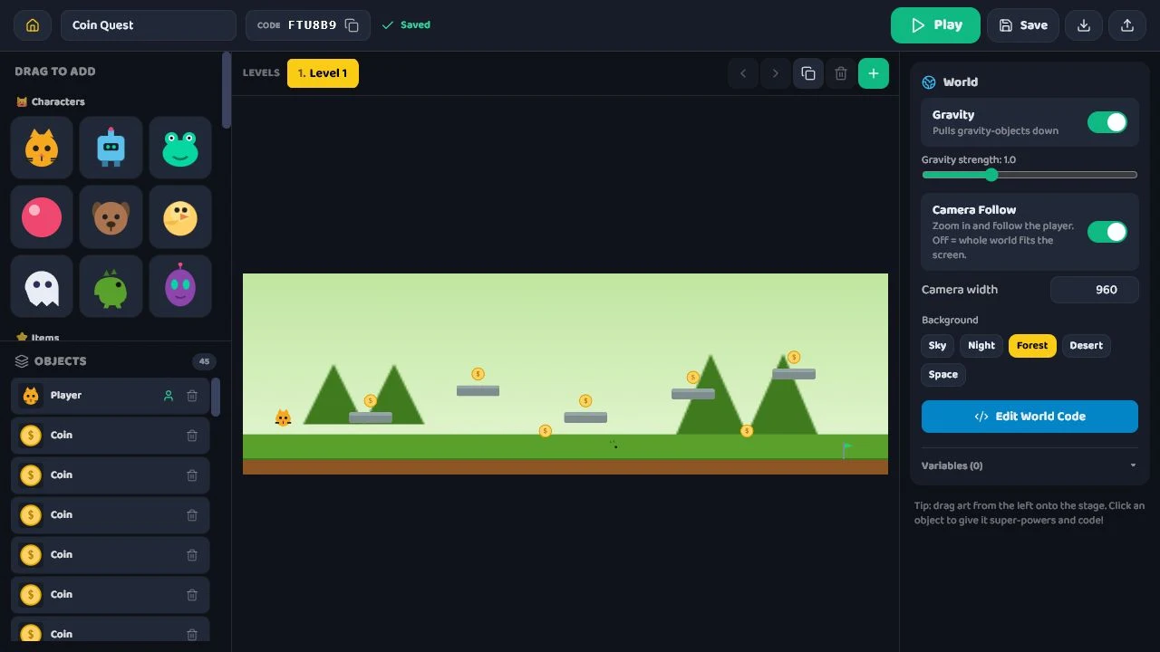 Coin Quest starter level in the Libra editor, with characters, coins, world settings, and game controls