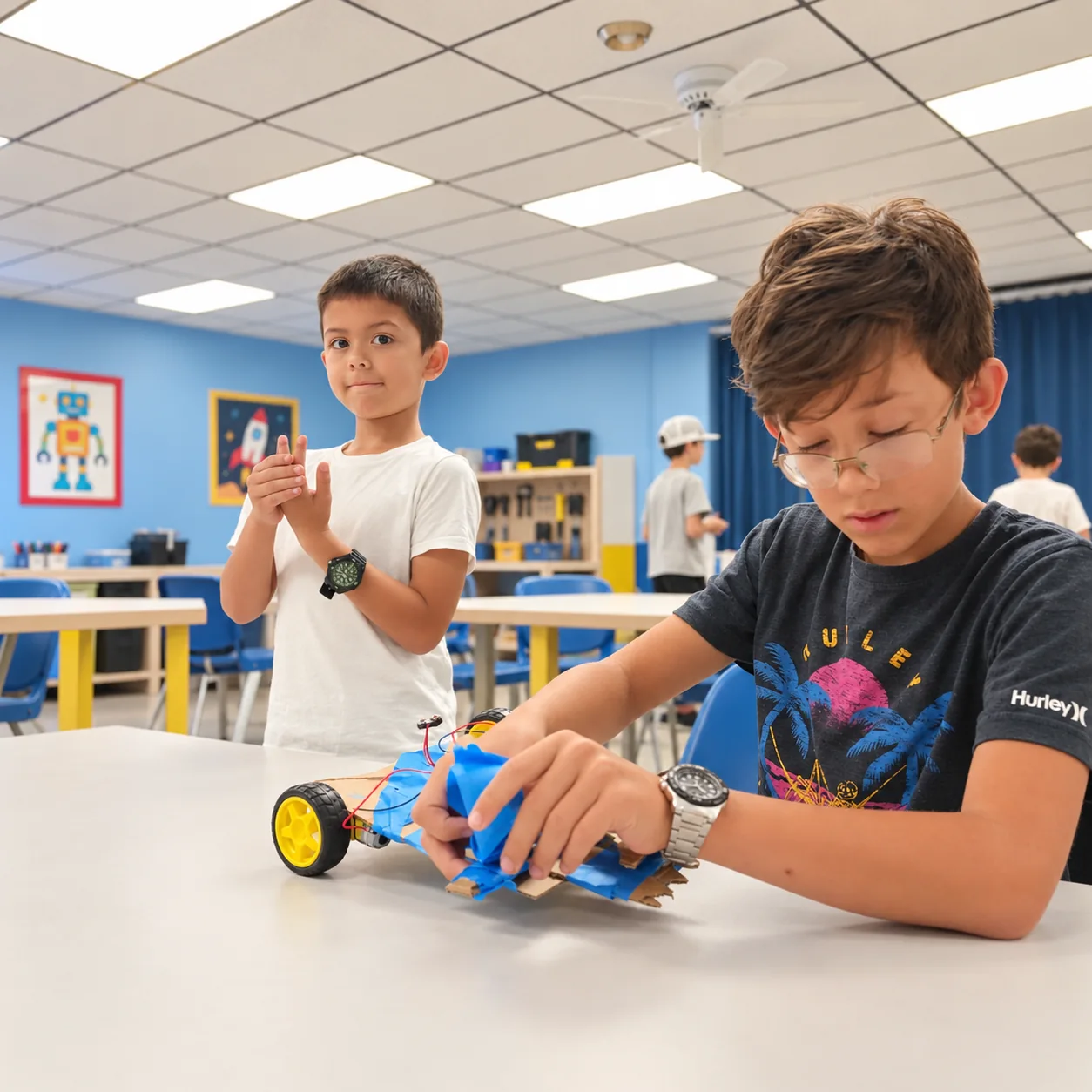 A young maker building a cardboard project