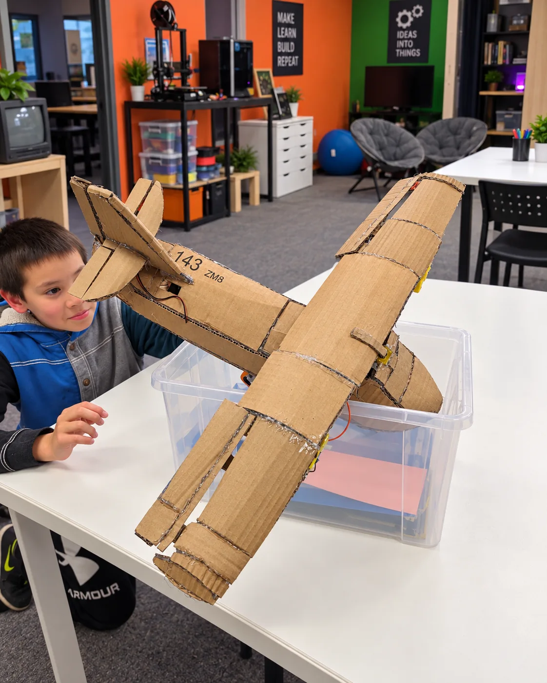A young maker exploring a large cardboard airplane