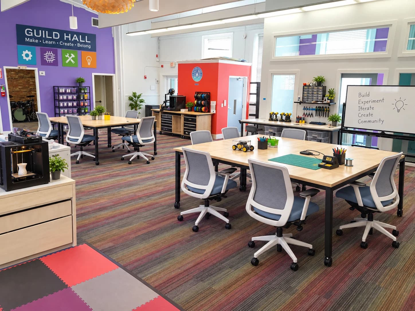 An organized makerspace with worktables and equipment