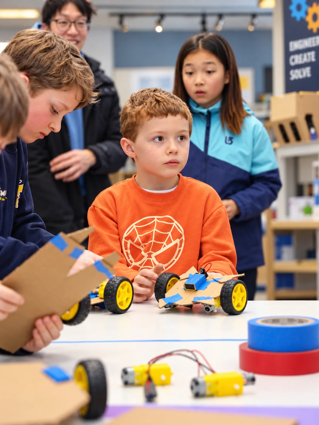 A young child in an orange shirt exploring cardboard robots with other learners