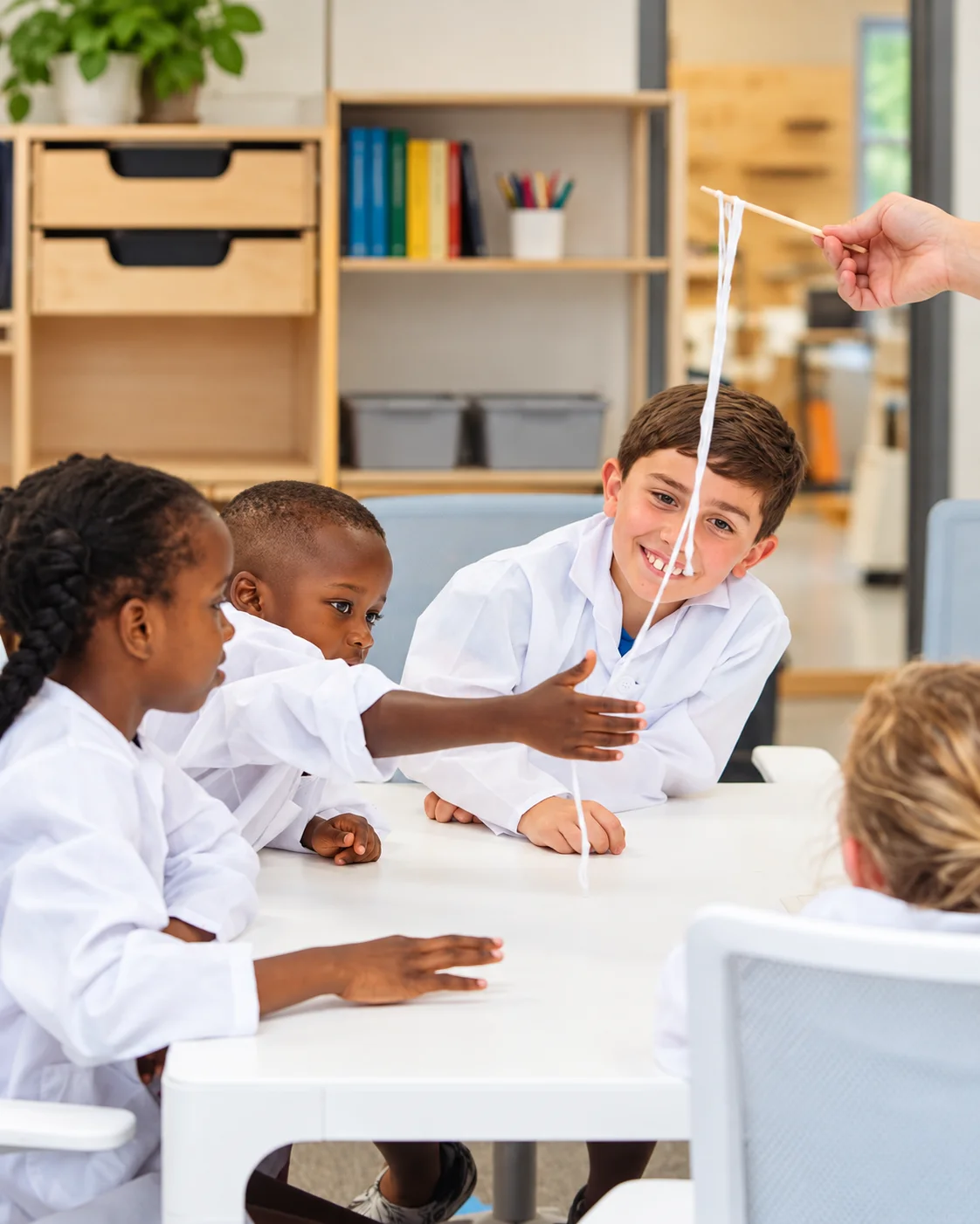 Children in lab coats watching a stretchy material demonstration