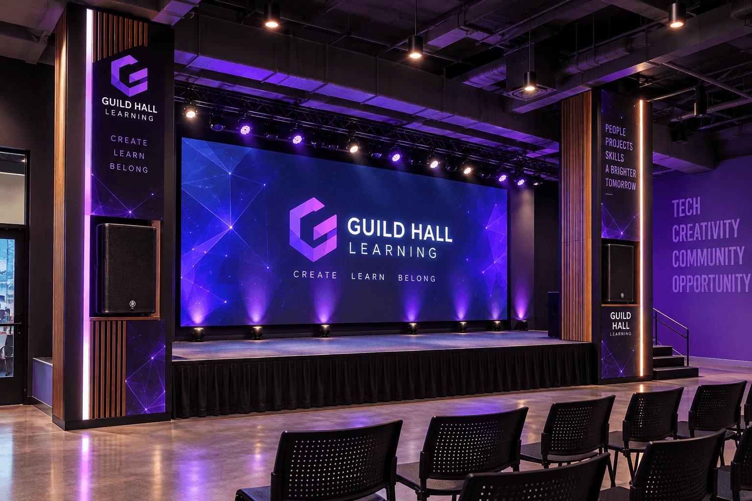 Guild Hall stage, large LED video wall and rows of audience seating under purple lighting