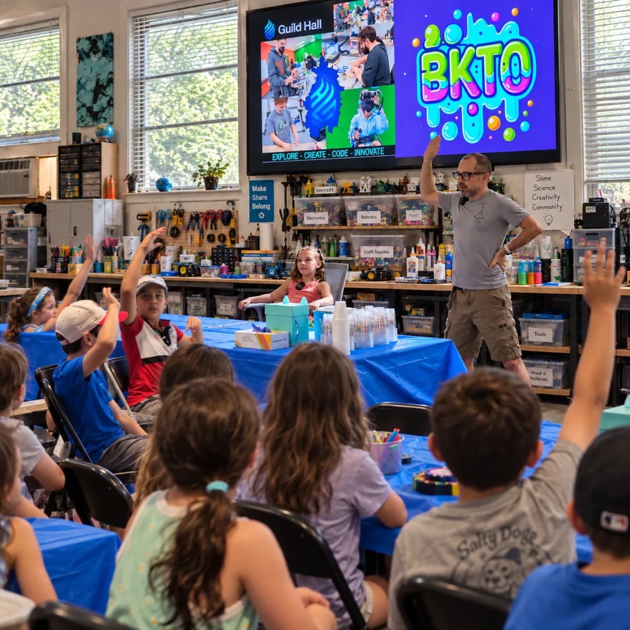 Children raising their hands during a host-led group activity