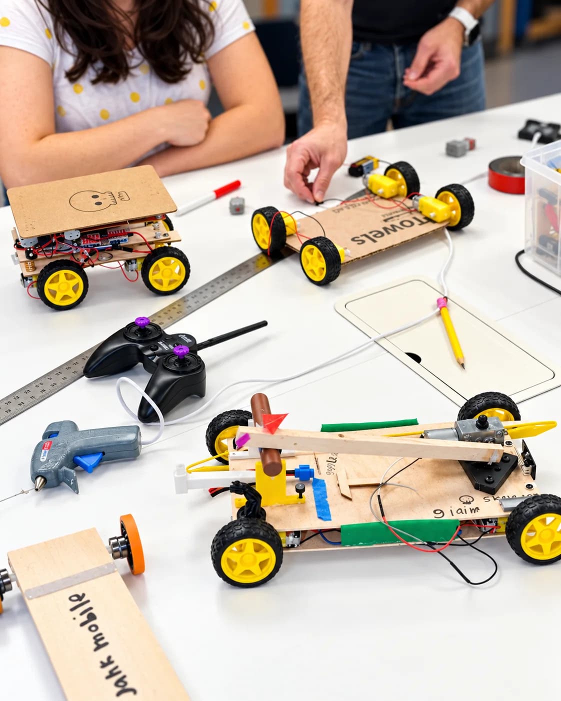 Robot projects and materials on a workshop table