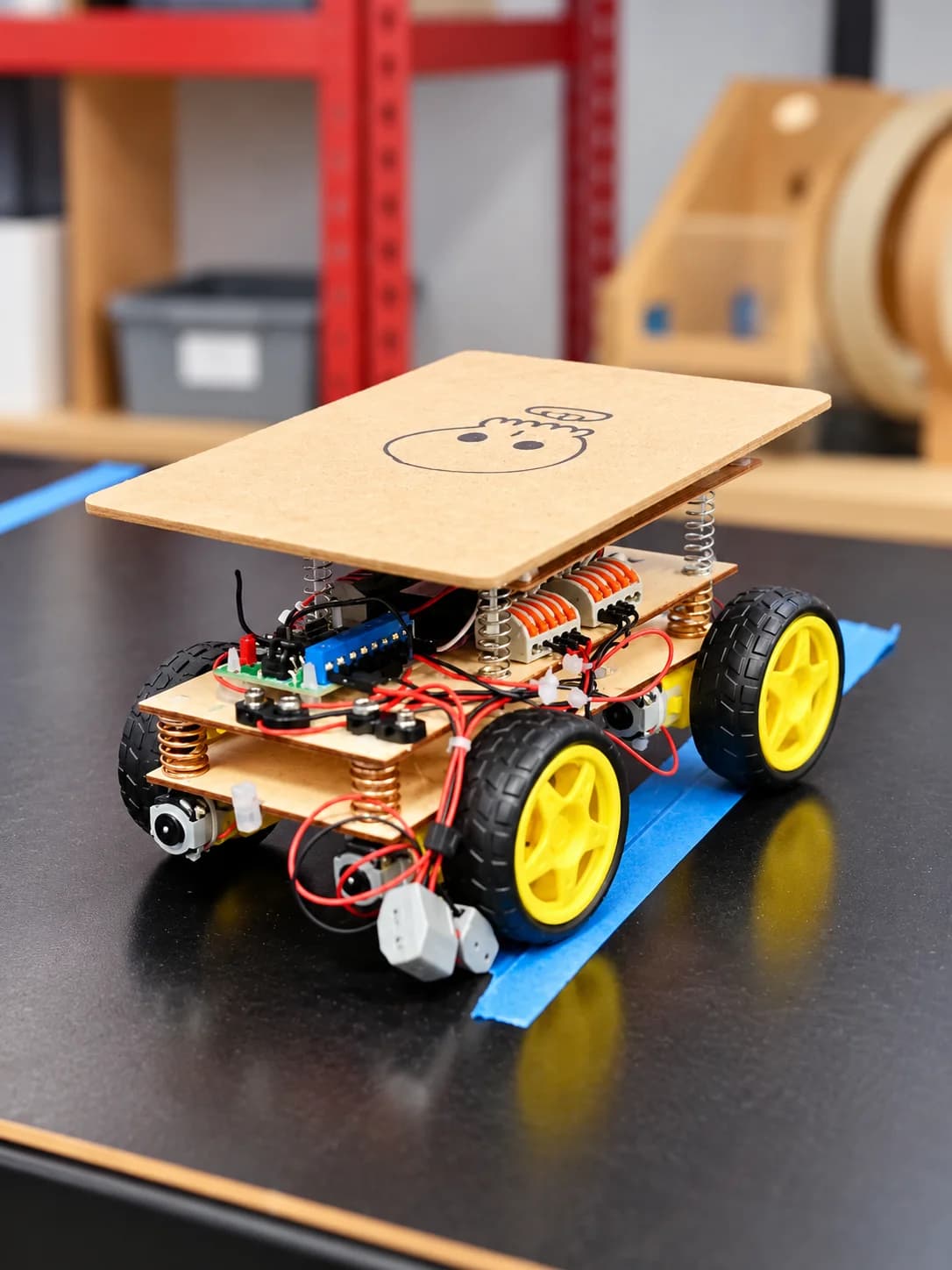 A handmade wheeled robot with springs, motors and exposed wiring