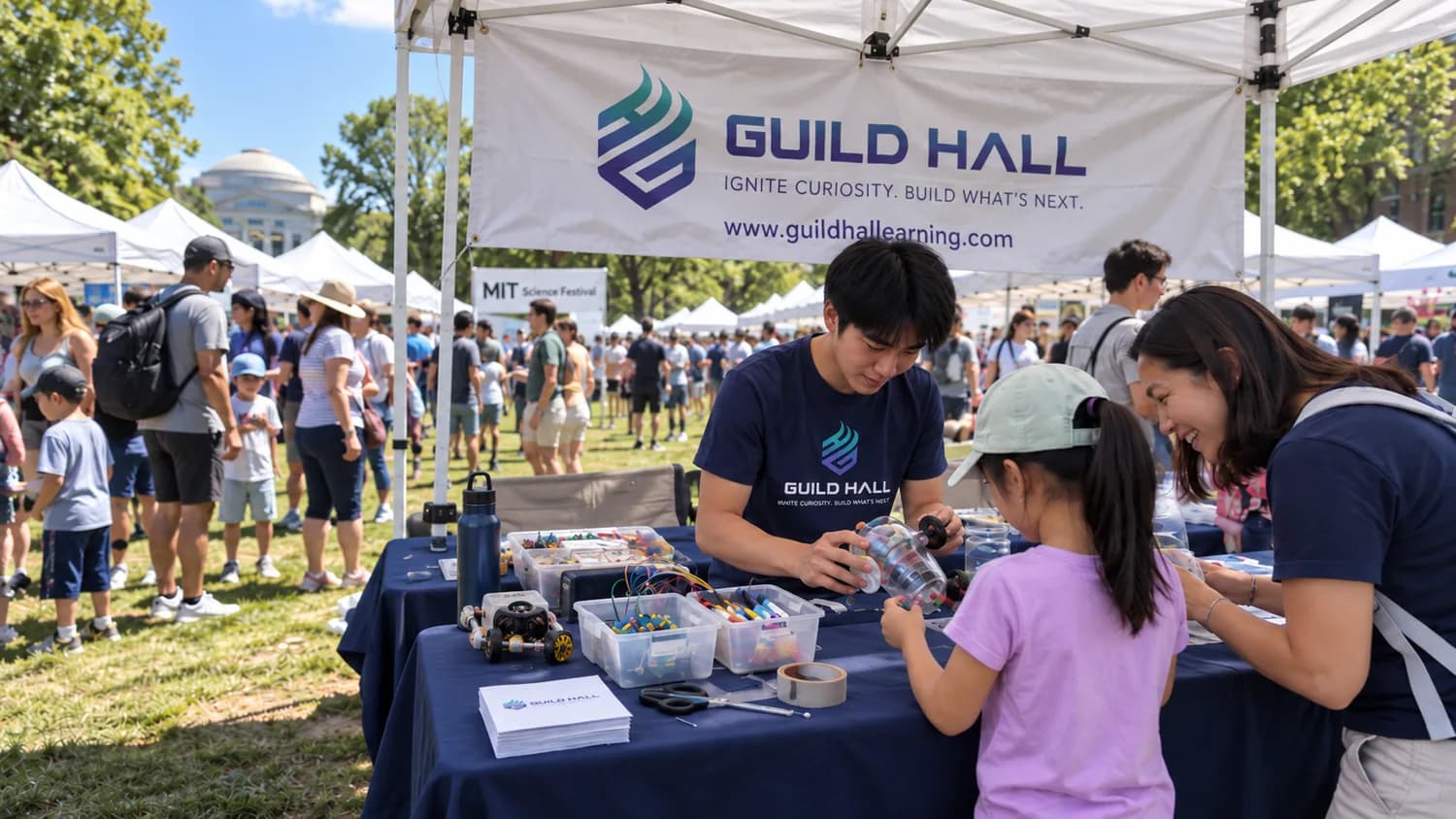Visitors exploring a hands-on activity at an outdoor Guild Hall booth
